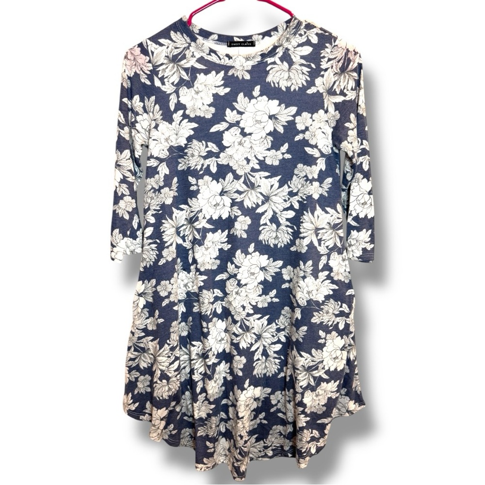 Sweet Claire Girls Blue and White Floral 3/4 Sleeve A-Line Dress Size XL 14/16